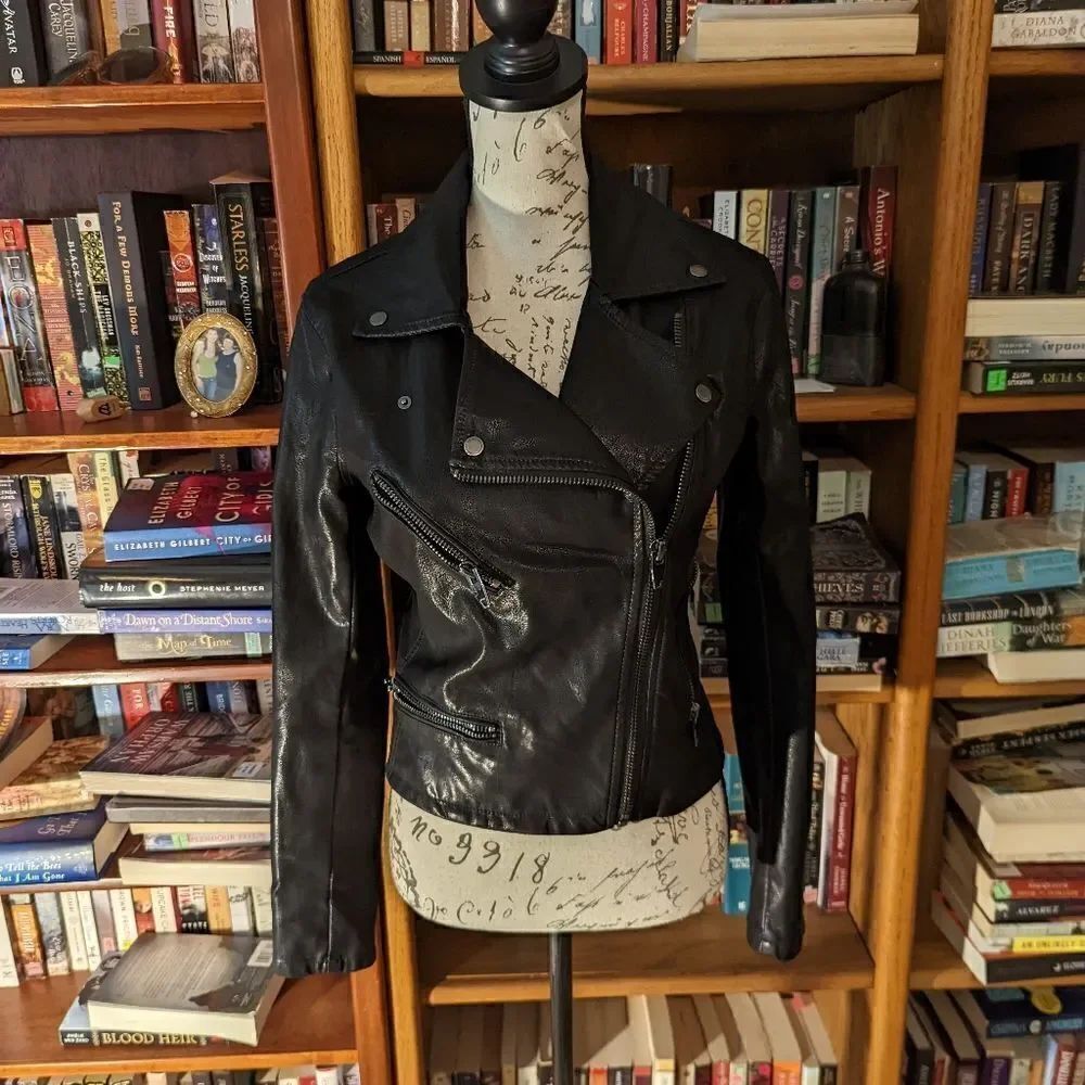 BLANKNYC faux black leather fitted moto jacket zip and snap pewter tone hardware